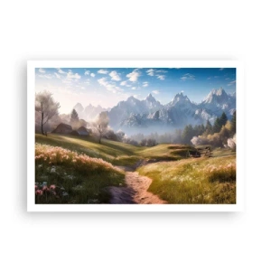 Poster - Una valle di montagna con prati, rifugi e vista sulle cime - 100x70cm - Valle idilliaca - Decorazione murale moderna per soggiorno e camera da letto ARTTOR