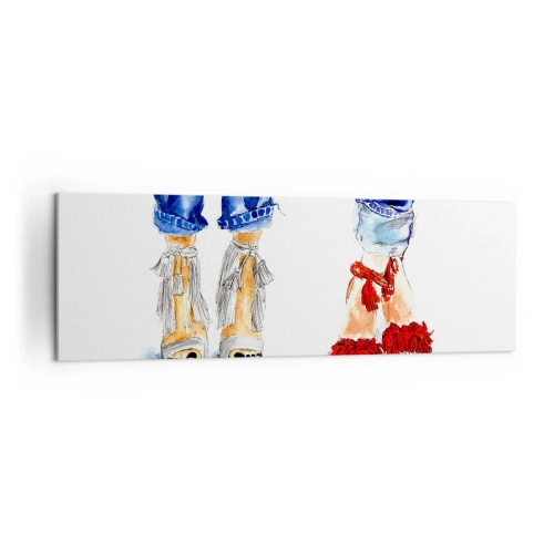 Quadro su tela - Stampe su Tela - Illustrazione di due paia di scarpe con sandali eleganti e jeans - 160x50cm - Facciamo una passeggiata? - Decorazione murale moderna per soggiorno e camera da letto ARTTOR