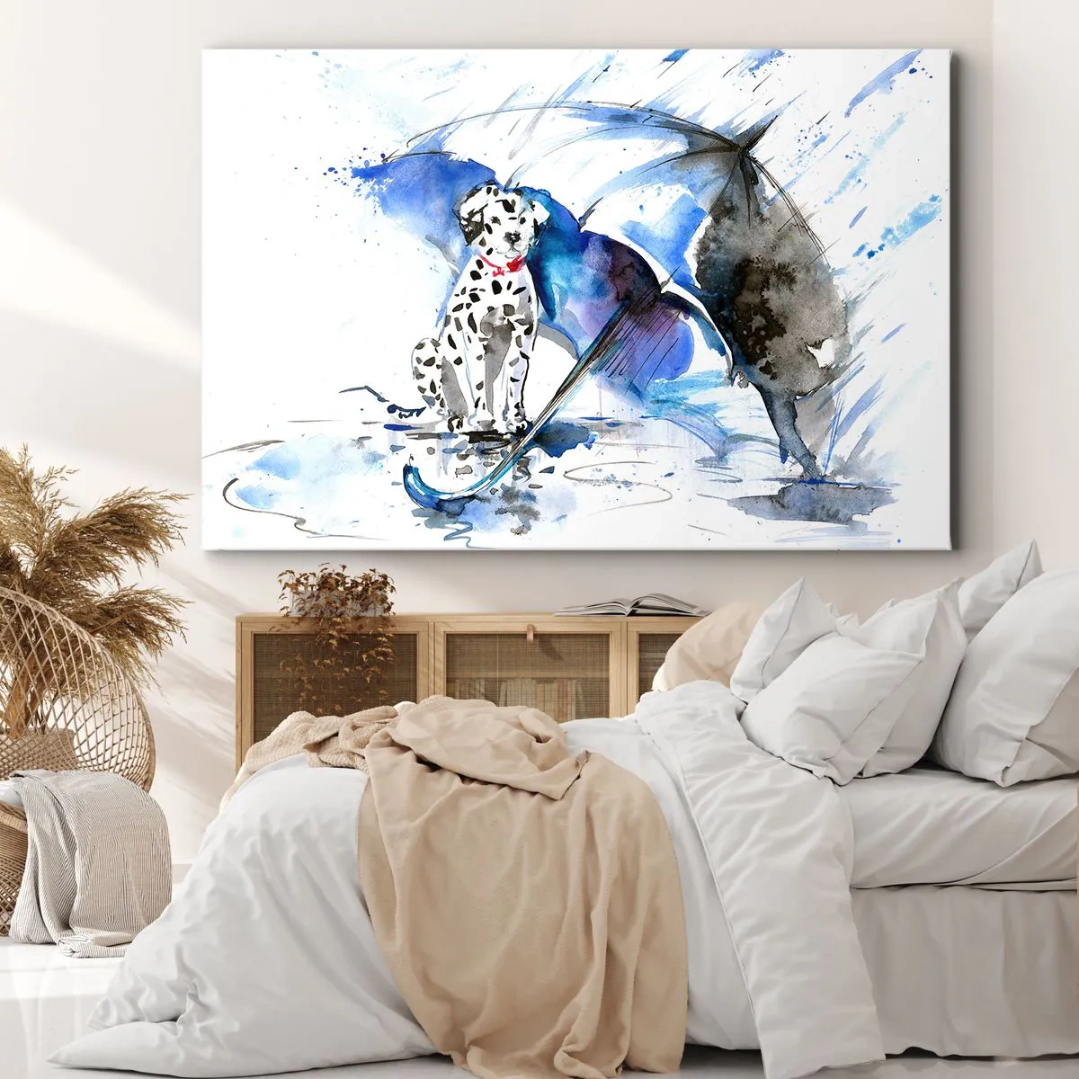Quadro su tela - Stampe su Tela - Dipinto ad acquerello di un cane dalmata con un ombrello sullo sfondo - 100x70cm - Ecco a cosa serve un amico - Decorazione murale moderna per soggiorno e camera da letto ARTTOR