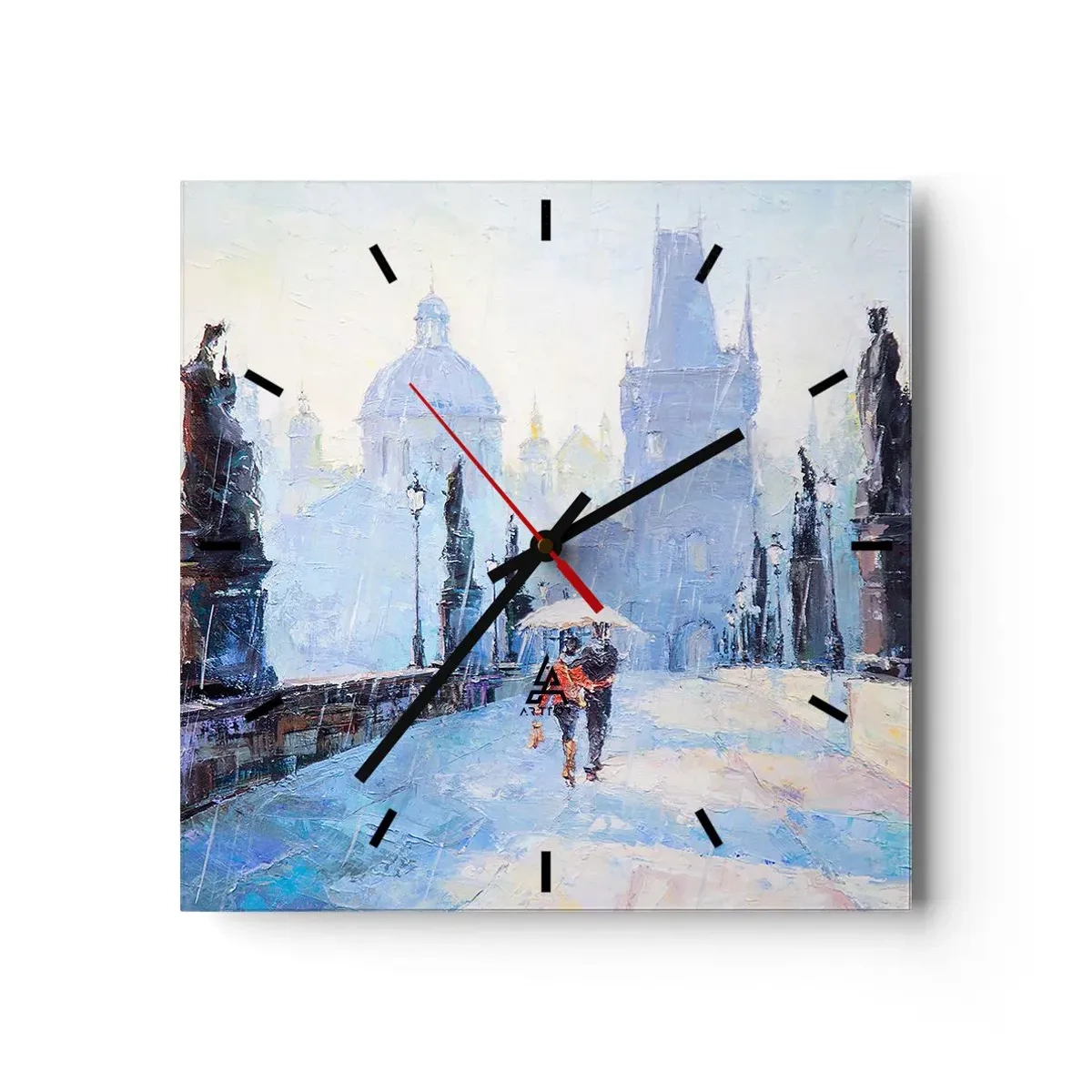 Orologio da parete - Orologio in Vetro - Coppia romantica su un ponte sotto la pioggia, una scena pittorica - 30x30cm - La pioggia ci ha incantati - Decorazione murale moderna per soggiorno e camera da letto ARTTOR