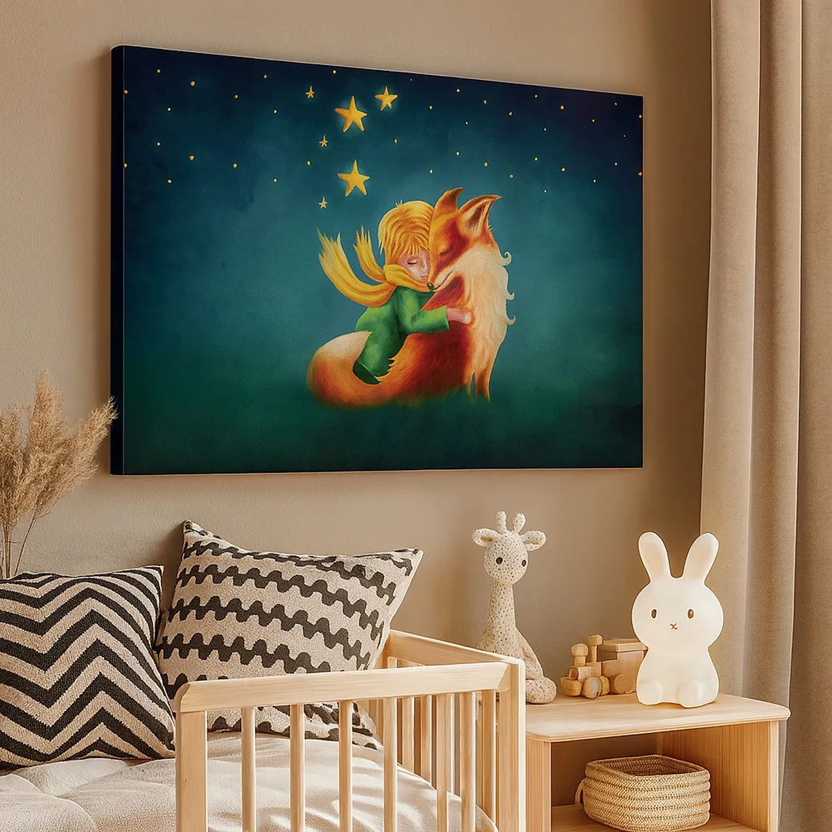 Quadro su tela - Stampe su Tela - Un ragazzo con una volpe in un ambiente magico con le stelle - 70x50cm - Il piccolo principe - Decorazione murale moderna per soggiorno e camera da letto ARTTOR