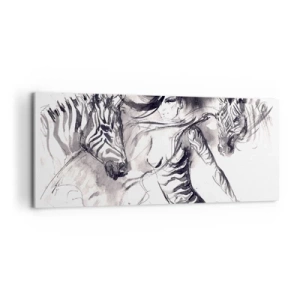 Quadro su tela - Stampe su Tela - Una donna in una danza dinamica con zebre in un'estetica in bianco e nero - 120x50cm - Ballando con le zebre - Decorazione murale moderna per soggiorno e camera da letto ARTTOR