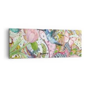 Quadro su tela - Stampe su Tela - Colibrì e farfalle colorati tra le piante - 140x50cm - Intrecciate nei rami - Decorazione murale moderna per soggiorno e camera da letto ARTTOR