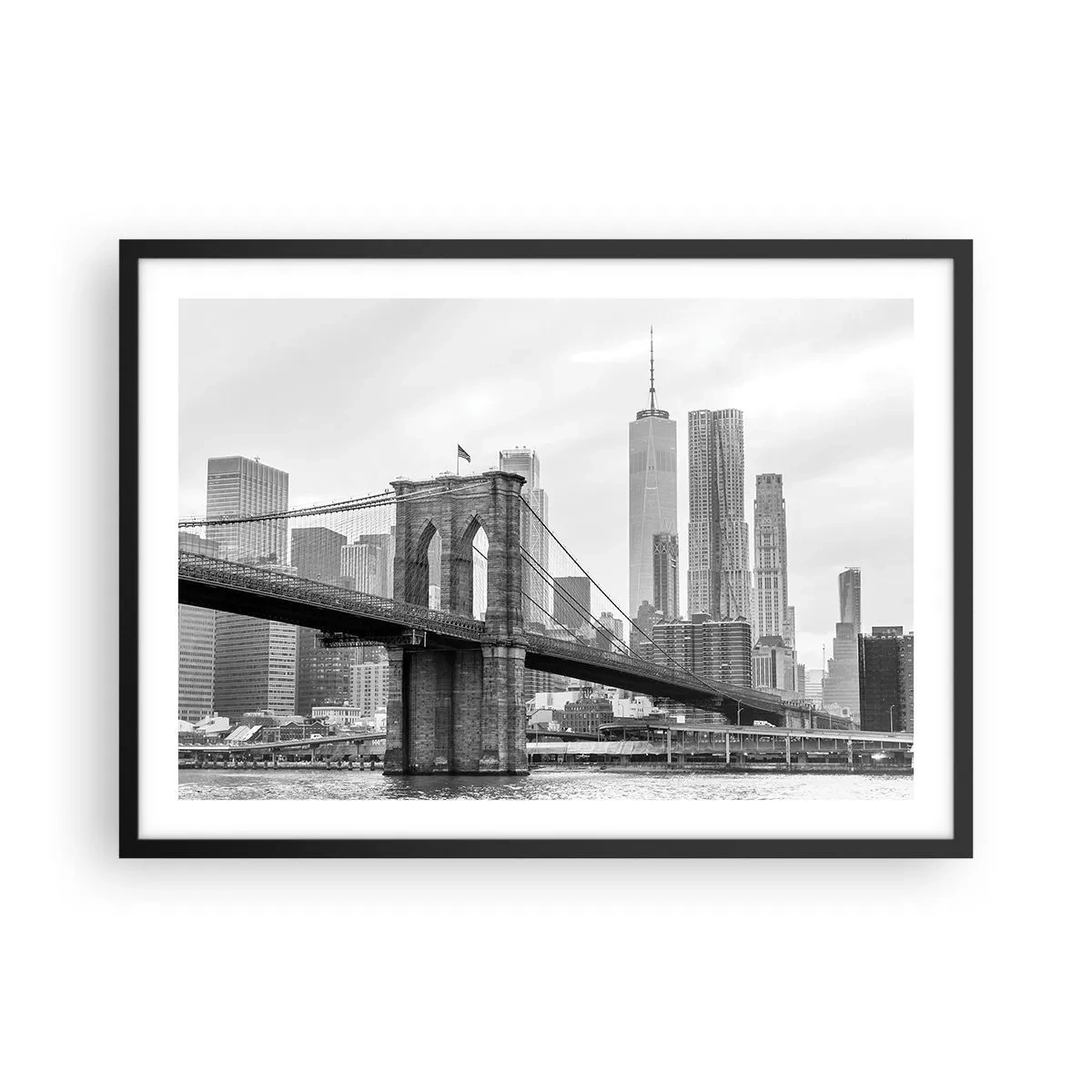Poster in cornice nera - Ponte di Brooklyn con i grattacieli di New York sullo sfondo - 70x50cm - Atmosfera di New York - Decorazione murale moderna per soggiorno e camera da letto ARTTOR
