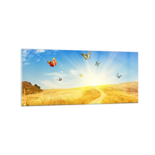 Quadro su vetro - Un campo dorato, un sentiero e farfalle contro un cielo azzurro - 120x50cm - Come non amare l'estate? - Decorazione murale moderna per soggiorno e camera da letto ARTTOR