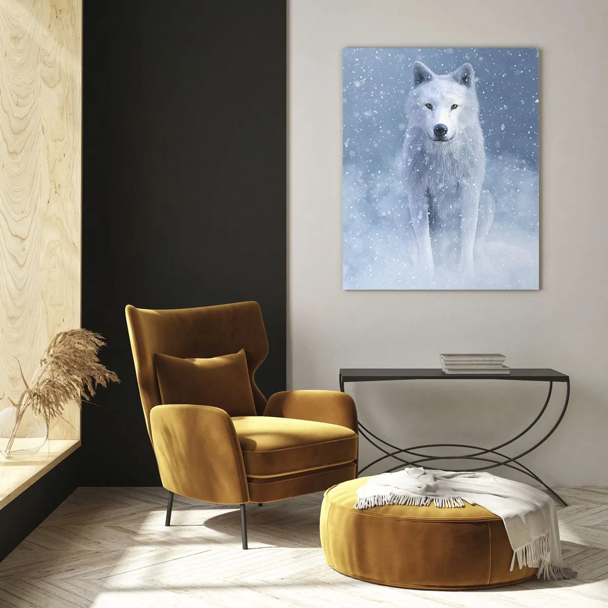 Quadro su vetro - Un lupo bianco in una tempesta di neve che guarda dritto davanti a sé - 50x70cm - Nello spirito dell'inverno - Decorazione murale moderna per soggiorno e camera da letto ARTTOR