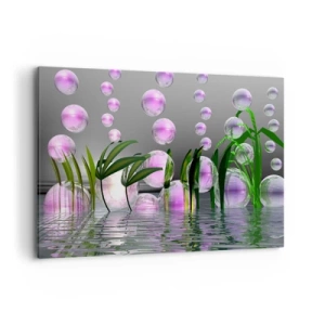 Quadro su tela - Stampe su Tela - Foglie verdi e bolle rosa sopra l'acqua su uno sfondo grigio - 120x80cm - Composizione meditativa su leggerezza e vita - Decorazione murale moderna per soggiorno e camera da letto ARTTOR