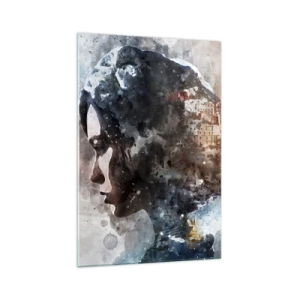 Quadro su vetro - Ritratto di una donna che combina il suo viso con un paesaggio urbano sullo sfondo - 70x100cm - Racconto su una ragazza con città sullo sfondo - Decorazione murale moderna per soggiorno e camera da letto ARTTOR