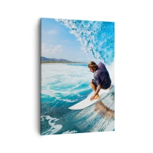 Quadro su tela - Stampe su Tela - Un surfista in posa dinamica su un'onda in acqua turchese. - 50x70cm - Ballando con le onde - Decorazione murale moderna per soggiorno e camera da letto ARTTOR