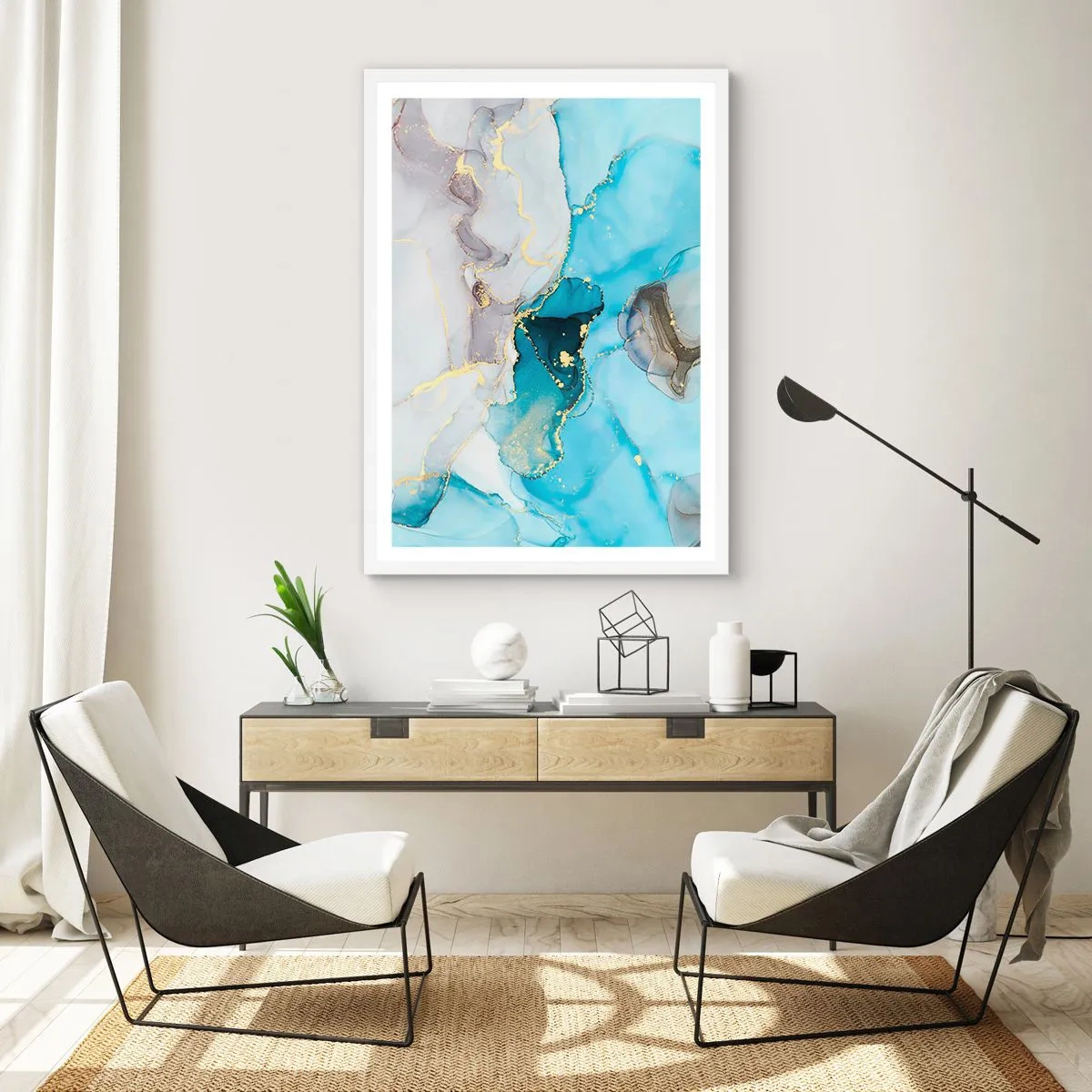 Poster in cornice bianca - Studio di incontro tra grigio e turchese - 61x91 cm