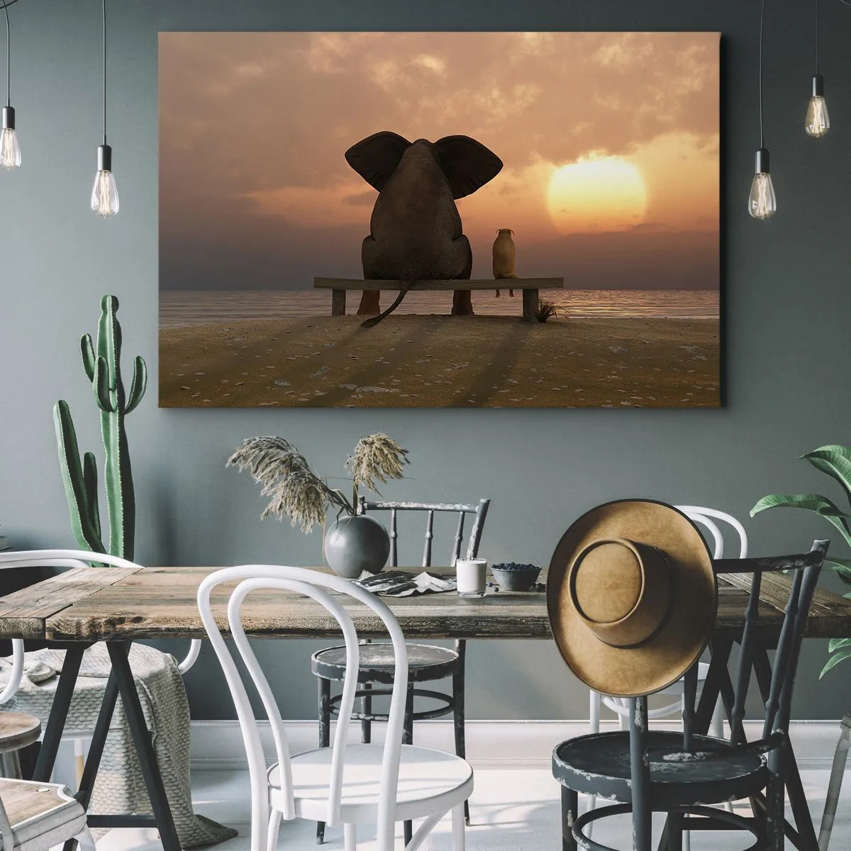 Quadro su tela - Stampe su Tela - Un elefante e un cane sono seduti su una panchina sulla spiaggia durante il tramonto. - 120x80cm - A volte bisogna tacere - Decorazione murale moderna per soggiorno e camera da letto ARTTOR