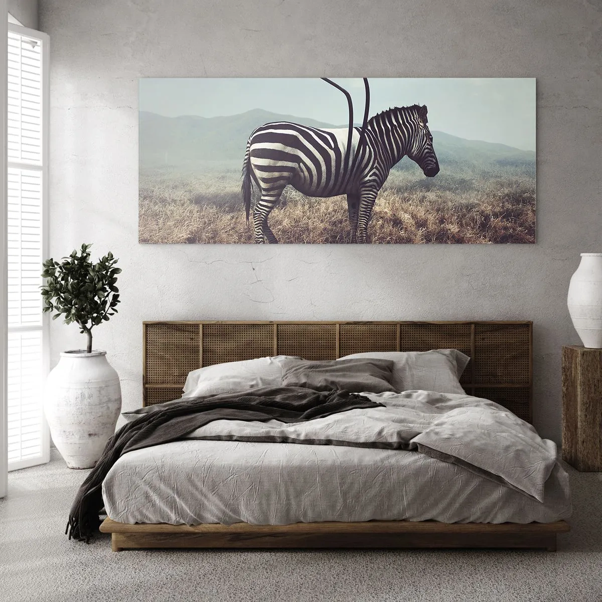 Quadro su vetro - Una zebra surreale contro un paesaggio erboso - 140x50cm - Attenzione! Difetto - Decorazione murale moderna per soggiorno e camera da letto ARTTOR