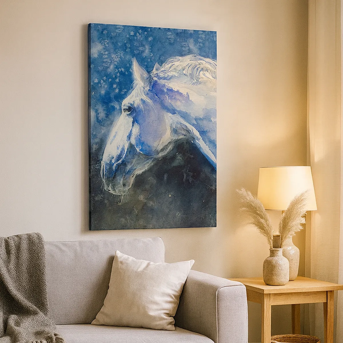 Quadro su tela - Stampe su Tela - Ritratto di un cavallo nei toni del blu con effetto acquerello pittorico. - 50x70cm - Ritratto in luce blu - Decorazione murale moderna per soggiorno e camera da letto ARTTOR