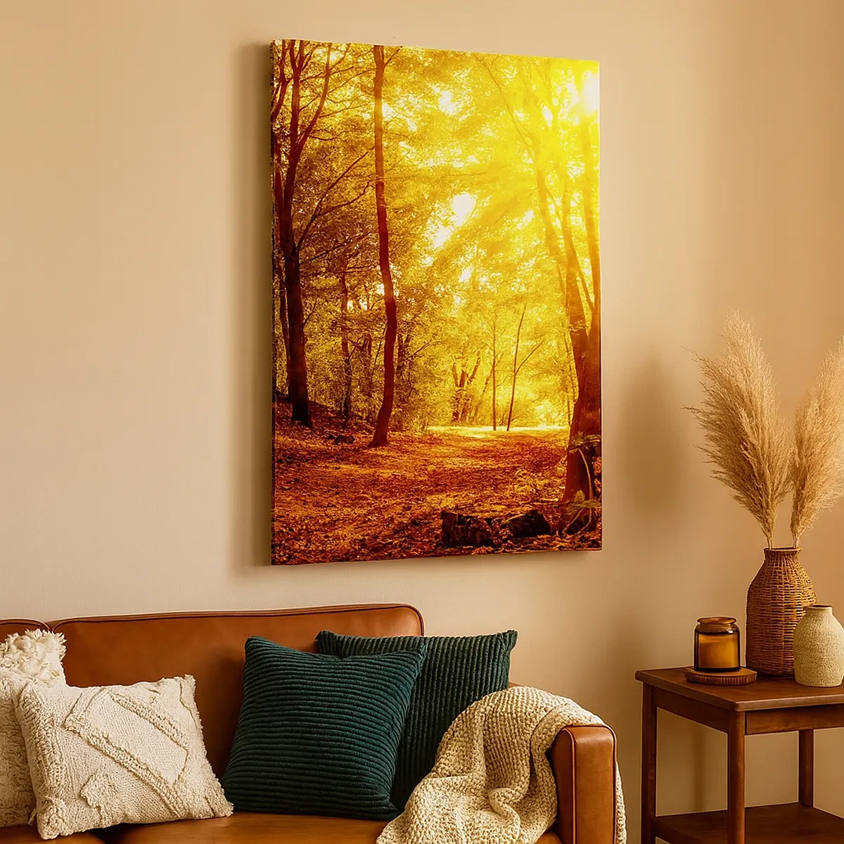 Quadro su tela - Stampe su Tela - Radura autunnale alla luce dorata del sole con un sentiero nel bosco - 50x70cm - Verso la radura dorata - Decorazione murale moderna per soggiorno e camera da letto ARTTOR
