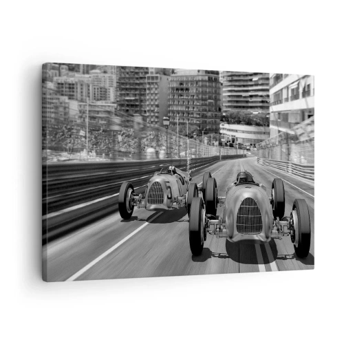 Quadro su tela - Stampe su Tela - Scena di gara automobilistica retrò monocromatica - 70x50cm - Tanto tempo fa a Montecarlo - Decorazione murale moderna per soggiorno e camera da letto ARTTOR
