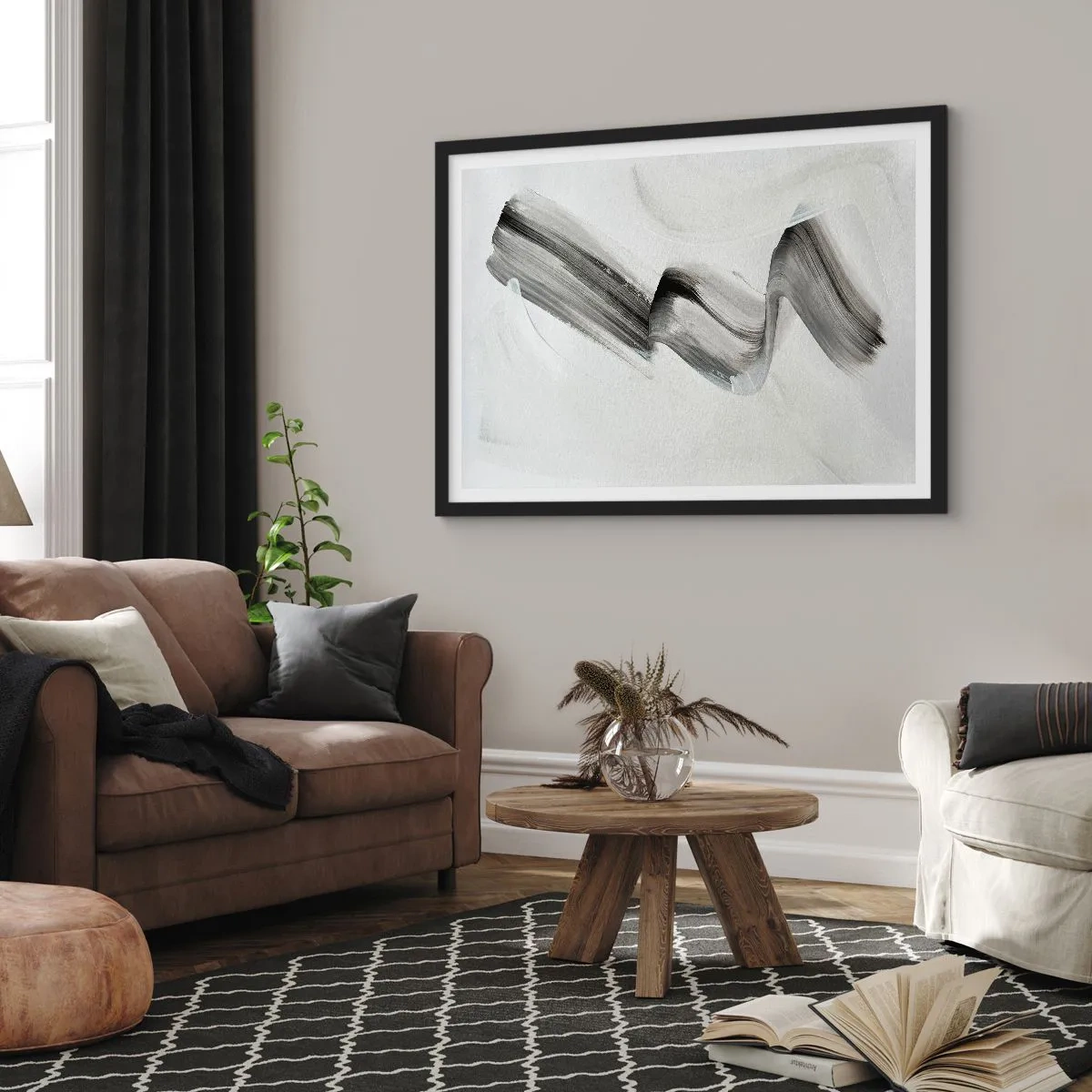 Poster in cornice nera - Pennellata astratta in bianco e nero su sfondo chiaro - 70x50cm - Casualmente per divertimento - Decorazione murale moderna per soggiorno e camera da letto ARTTOR