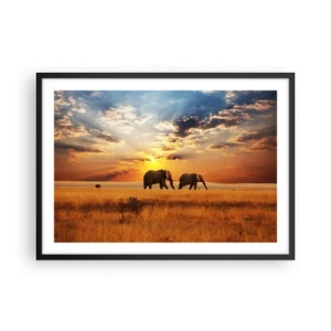Poster in cornice nera - Elefanti nella savana al tramonto - 70x50cm - Passeggiata familiare - Decorazione murale moderna per soggiorno e camera da letto ARTTOR