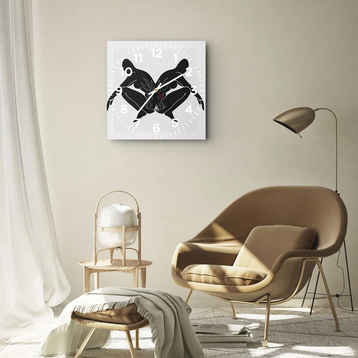 Orologio da parete - Orologio in Vetro - Sagome nere in posizione simmetrica su sfondo bianco - 30x30cm - Anima comune - Decorazione murale moderna per soggiorno e camera da letto ARTTOR