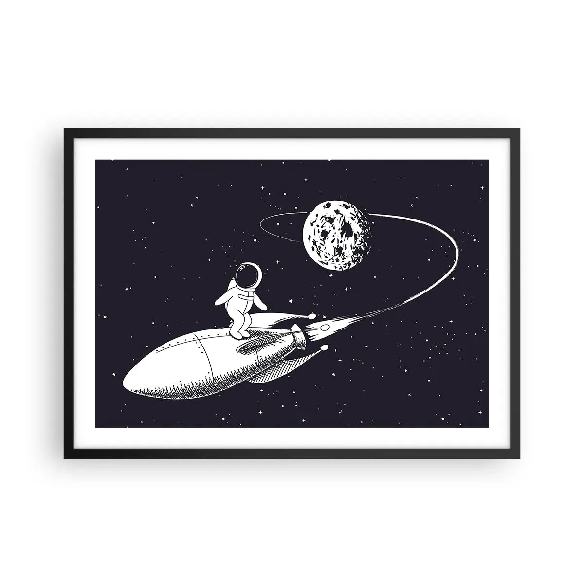 Poster in cornice nera - Astronauta su un razzo nello spazio - 70x50cm - Surfista spaziale - Decorazione murale moderna per soggiorno e camera da letto ARTTOR