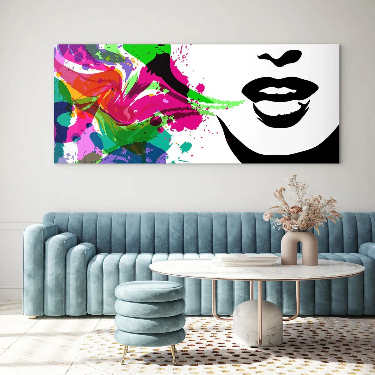 Quadro su vetro - Ritratto astratto colorato con forme dinamiche - 160x50cm - Racconto nei colori dell'arcobaleno - Decorazione murale moderna per soggiorno e camera da letto ARTTOR