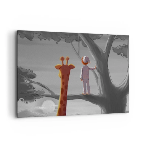 Quadro su tela - Stampe su Tela - Un bambino e una giraffa su un ramo di un albero in un paesaggio da favola - 120x80cm - Sta succedendo davvero - Decorazione murale moderna per soggiorno e camera da letto ARTTOR