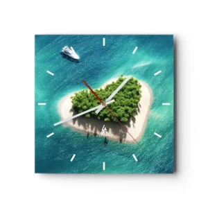 Orologio da parete - Orologio in Vetro - Un'isola romantica a forma di cuore in un mare turchese - 30x30cm - Amo l'estate - Decorazione murale moderna per soggiorno e camera da letto ARTTOR