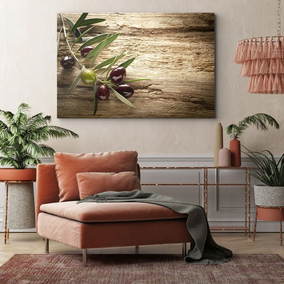 Quadro su tela - Stampe su Tela - Ramo d'ulivo con frutta su uno sfondo di legno invecchiato - 70x50cm - Direttamente dalla natura - Decorazione murale moderna per soggiorno e camera da letto ARTTOR