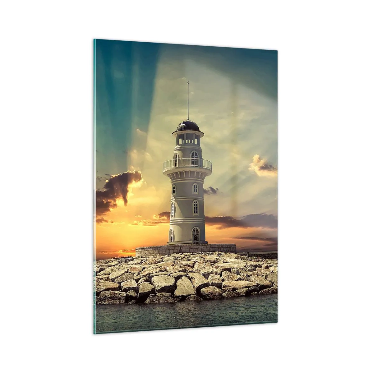 Quadro su vetro - Un faro sullo sfondo del sole al tramonto - 50x70cm - Luce - Bontà - Bellezza - Decorazione murale moderna per soggiorno e camera da letto ARTTOR