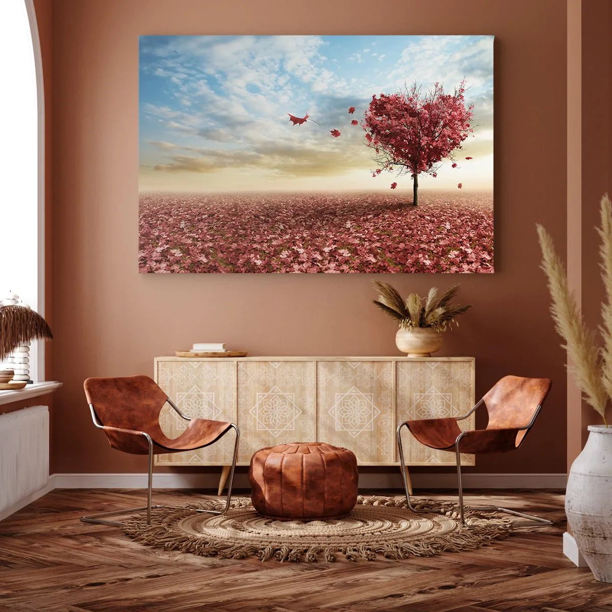 Quadro su tela - Stampe su Tela - Un albero solitario a forma di cuore in un campo di foglie rosse - 100x70cm - Ama questo autunno - Decorazione murale moderna per soggiorno e camera da letto ARTTOR