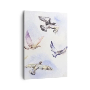 Quadro su tela - Stampe su Tela - Uccelli acquerellati in volo contro un cielo delicato - 50x70cm - Libertà in grigio e blu - Decorazione murale moderna per soggiorno e camera da letto ARTTOR
