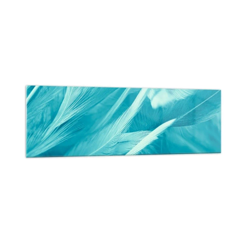Quadro su vetro - Delicate piume turchesi in primo piano - 160x50cm - Annegare nel morbido - Decorazione murale moderna per soggiorno e camera da letto ARTTOR