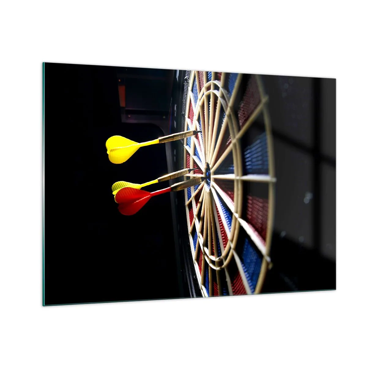 Quadro su vetro - Freccette che colpiscono un bersaglio in un ambiente buio - 100x70cm - Dritto al centro - Decorazione murale moderna per soggiorno e camera da letto ARTTOR