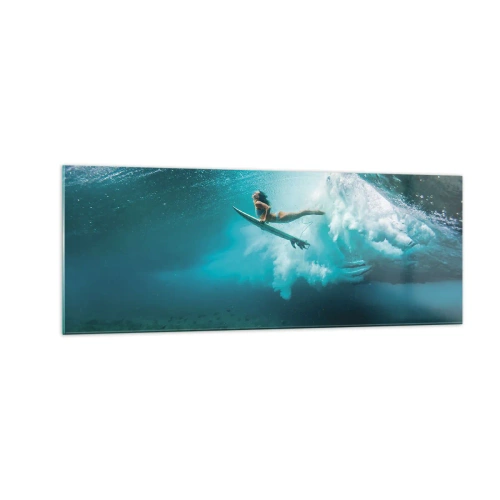 Quadro su vetro - Surfista sotto un'onda nell'acqua blu dell'oceano - 140x50cm - Mondo subacqueo - Decorazione murale moderna per soggiorno e camera da letto ARTTOR