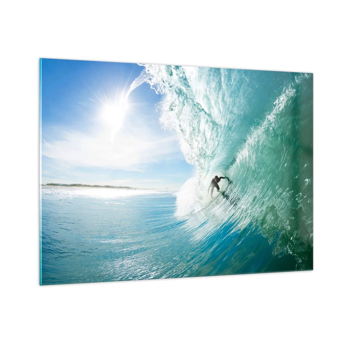 Quadro su vetro - Un surfista cavalca un'onda contro un cielo blu - 100x70cm - Sempre sull'onda - Decorazione murale moderna per soggiorno e camera da letto ARTTOR