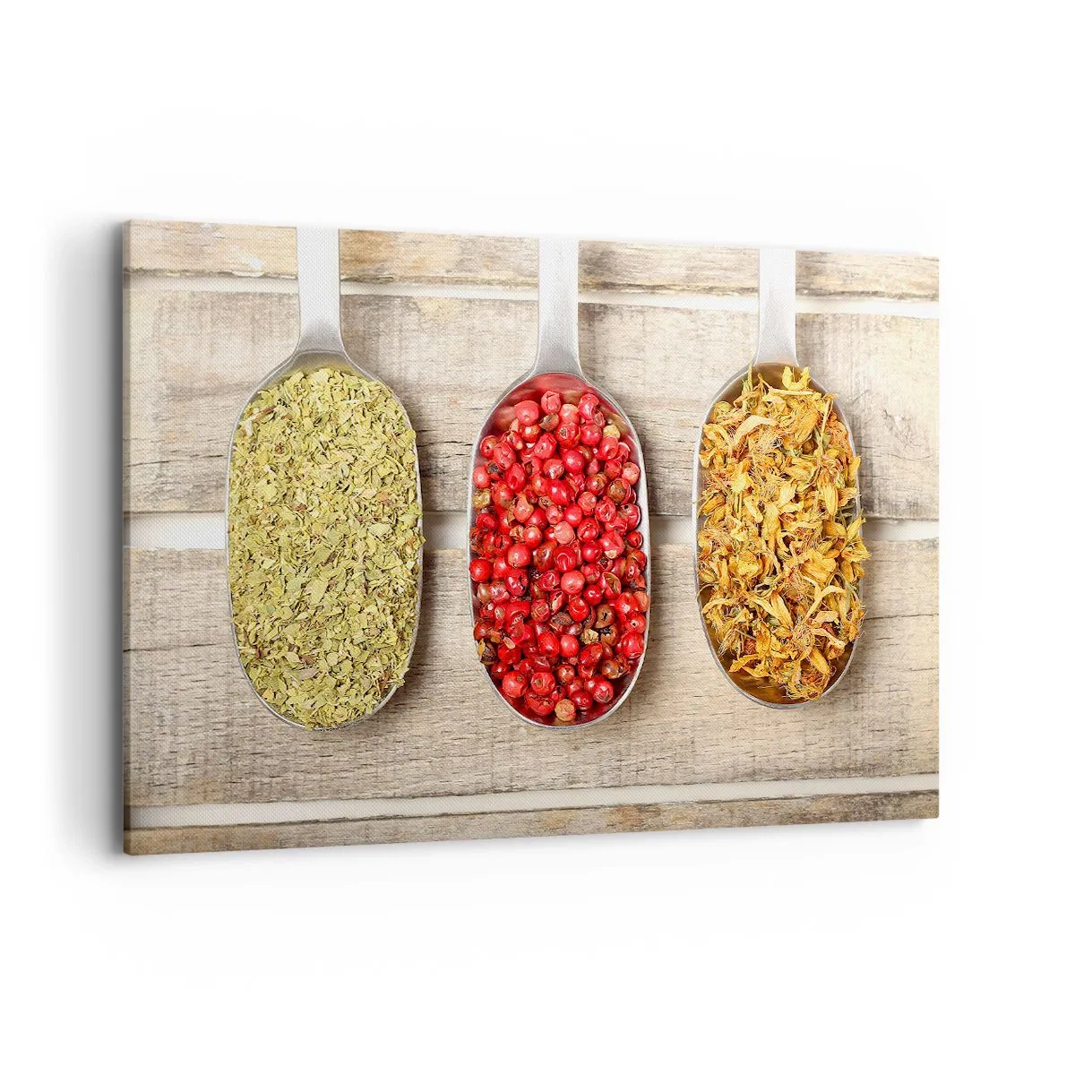 Quadro su tela - Stampe su Tela - Tre cucchiai di metallo con spezie su uno sfondo di legno - 120x80cm - Magia in cucina - Decorazione murale moderna per soggiorno e camera da letto ARTTOR