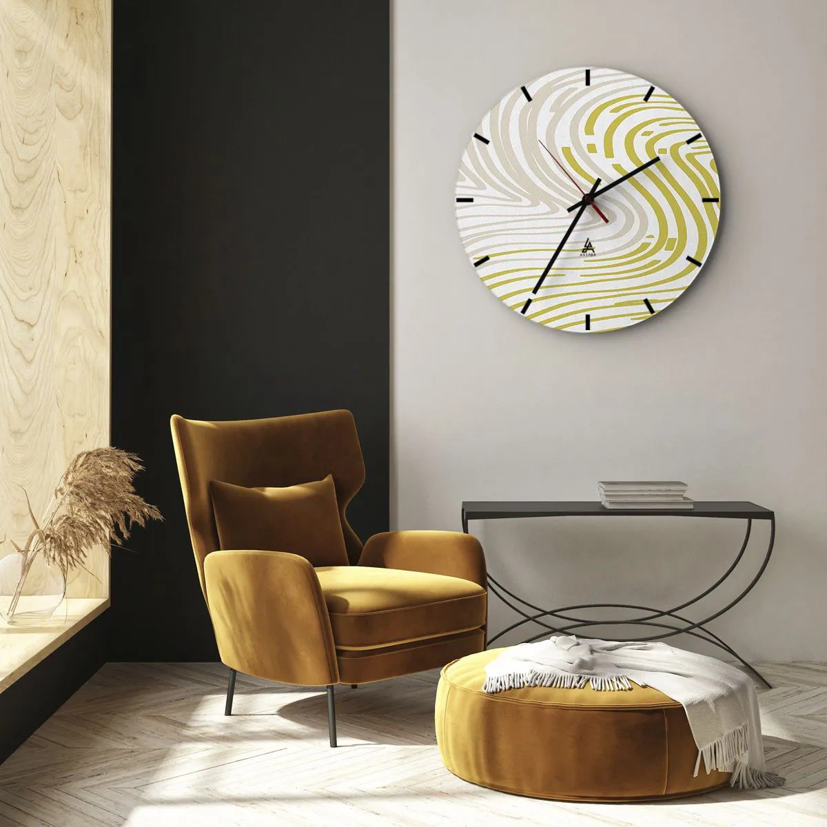 Orologio da parete - Orologio in Vetro - Linee astratte nei toni del beige e del giallo creano un motivo a spirale. - 30x30cm - Composizione con lieve deflessione - Decorazione murale moderna per soggiorno, cucina e camera da letto ARTTOR