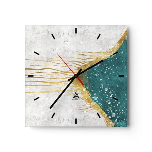 Orologio da parete - Orologio in Vetro - Una composizione astratta nei toni dell'oro e del turchese - 30x30cm - Flusso dorato - Decorazione murale moderna per soggiorno e camera da letto ARTTOR