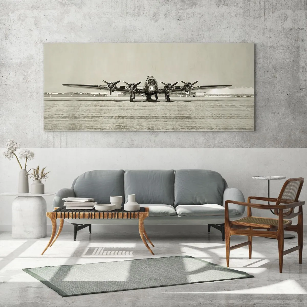 Quadro su vetro - Aereo storico all'aeroporto in seppia - 140x50cm - Pronto come sempre - Decorazione murale moderna per soggiorno e camera da letto ARTTOR