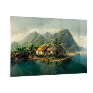 Quadro su vetro - Un villaggio tropicale in riva all'acqua, circondato da montagne e palme - 120x80cm - Paradiso tropicale - Decorazione murale moderna per soggiorno e camera da letto ARTTOR