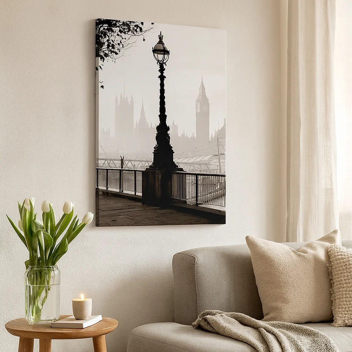 Quadro su tela - Stampe su Tela - Una vista monocromatica del Big Ben e del Tamigi. - 50x70cm - Un mattino a Londra - Decorazione murale moderna per soggiorno e camera da letto ARTTOR