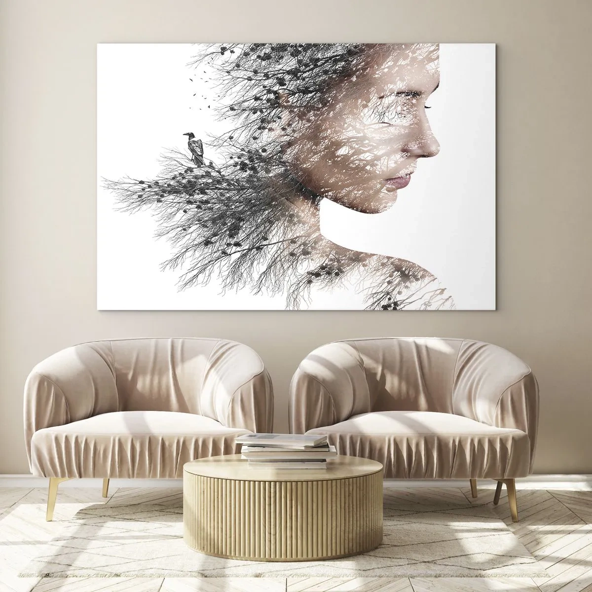 Quadro su vetro - Ritratto di donna con rami sullo sfondo - 100x70cm - Lo spirito della foresta - Decorazione murale moderna per soggiorno e camera da letto ARTTOR