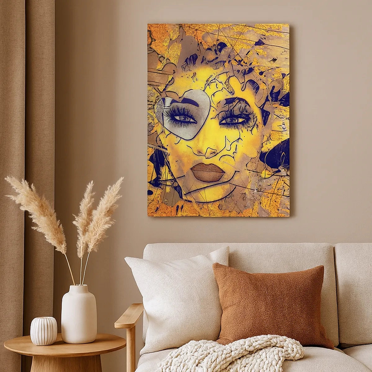 Quadro su tela - Stampe su Tela - Ritratto astratto di una donna nei toni del giallo oro - 50x70cm - Bellezza solare - Decorazione murale moderna per soggiorno e camera da letto ARTTOR