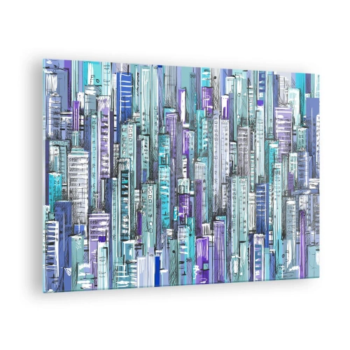 Quadro su vetro - Illustrazione di una città piena di grattacieli in tonalità fredde - 70x50cm - Bluastri dal cielo - Decorazione murale moderna per soggiorno e camera da letto ARTTOR