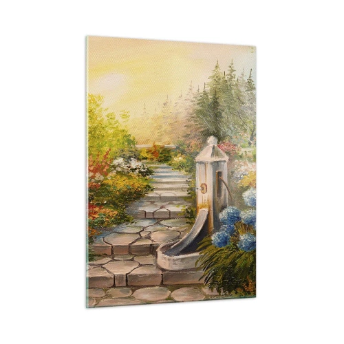 Quadro su vetro - Un giardino fiorito con una fontana in piena fioritura - 50x70cm - In piena fioritura - Decorazione murale moderna per soggiorno e camera da letto ARTTOR