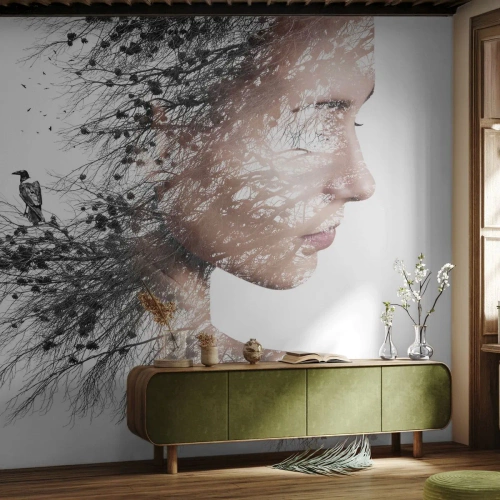 Fotomurali Premium Canvas - Silhouette di una donna con un motivo di ramo e uccello sullo sfondo - 100x70cm - Lo spirito della foresta - Decorazione murale moderna per soggiorno e camera da letto ARTTOR
