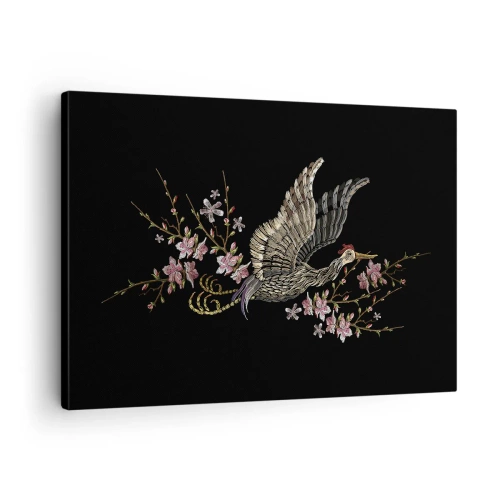 Quadro su tela - Stampe su Tela - Un uccello in volo con fiori su sfondo nero - 70x50cm - Uccello esotico ricamato - Decorazione murale moderna per soggiorno e camera da letto ARTTOR