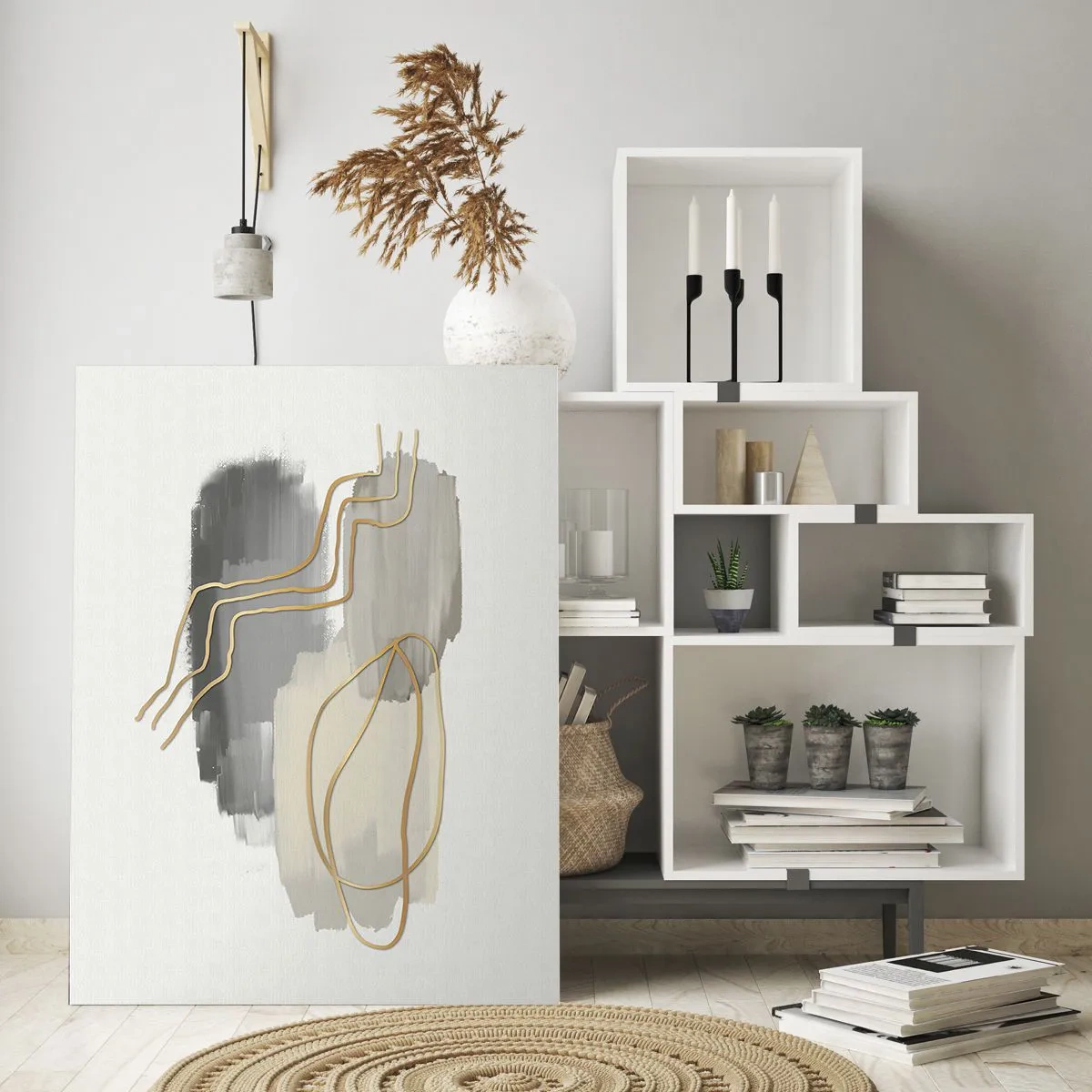 Quadro su vetro - Astrazione con macchie grigie e linee dorate su uno sfondo chiaro - 50x70cm - Durata e movimento - Decorazione murale moderna per soggiorno e camera da letto ARTTOR