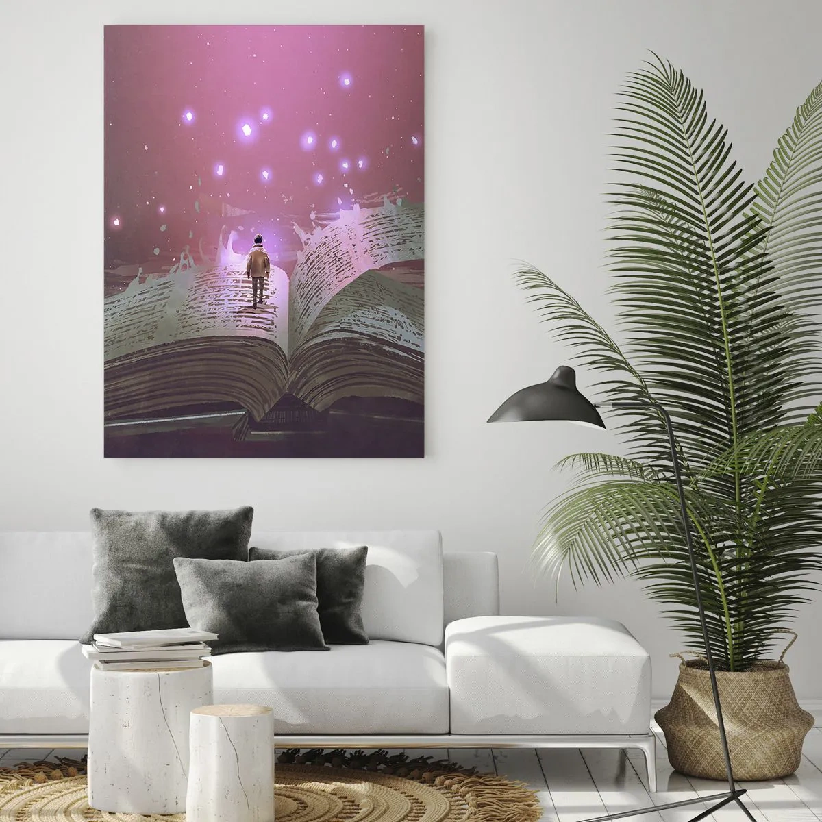 Quadro su vetro - Una figura cammina su un libro aperto in una luce magica. - 80x120cm - Invito ad un altro mondo: leggi! - Decorazione murale moderna per soggiorno e camera da letto ARTTOR