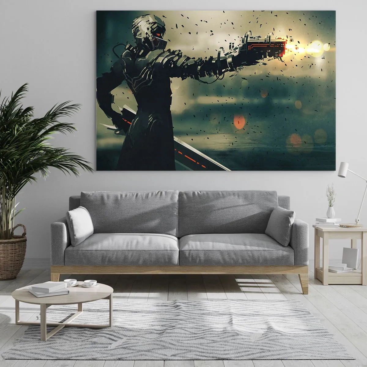 Quadro su vetro - Un cyberguerriero in stile futuristico con armi energetiche - 120x80cm - L'arma assassina: il tuo Terminator - Decorazione murale moderna per soggiorno e camera da letto ARTTOR