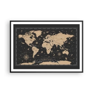 Poster in cornice nera - Una mappa del mondo stilizzata su sfondo nero con dettagli beige. - 100x70cm - I confini del mio mondo - Decorazione murale moderna per soggiorno e camera da letto ARTTOR